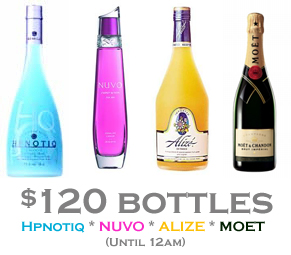 $120 bottles hpnotiq, nuvo, alize and moet nyc