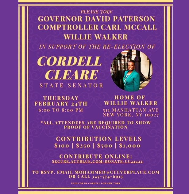 Re-Election Fundraiser For Cordell Cleare @ Home Of Willie Walker Thursday, February 24, 2022